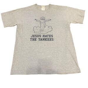 Gildan 90s‎ Jesus Hates The Yankees Gray Graphic T-Shirt Mens M Heavyweight